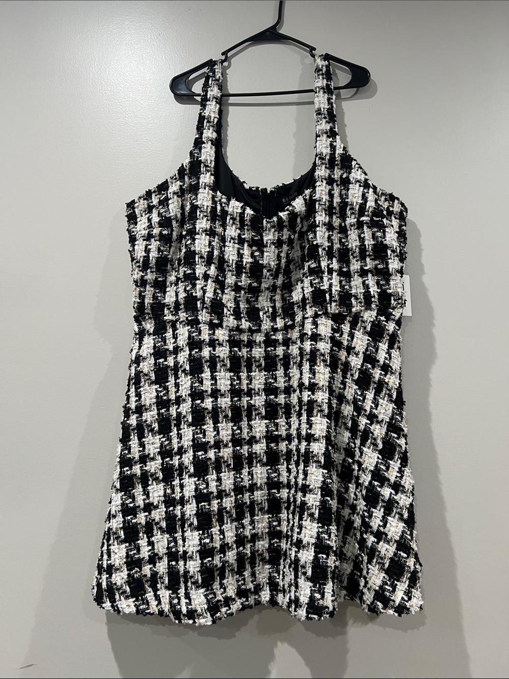 Eloquii Black and White Tweed Mini Dress with Gold Accent Thread